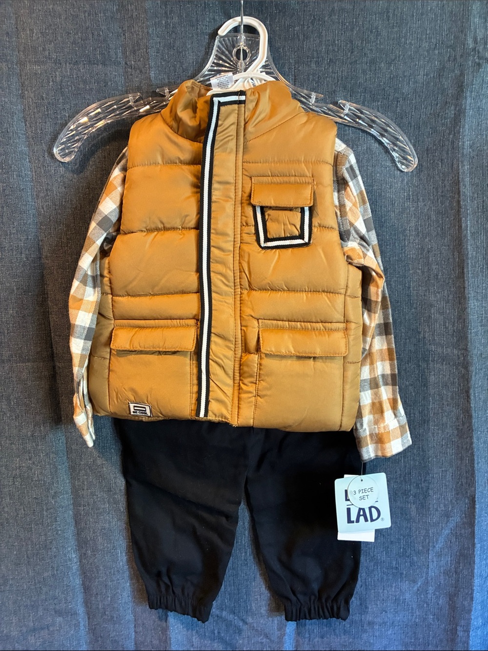 Kids Beige Puffer Vest, Flannel and Pants - Little Lad 3 Piece Set, 24 Mos